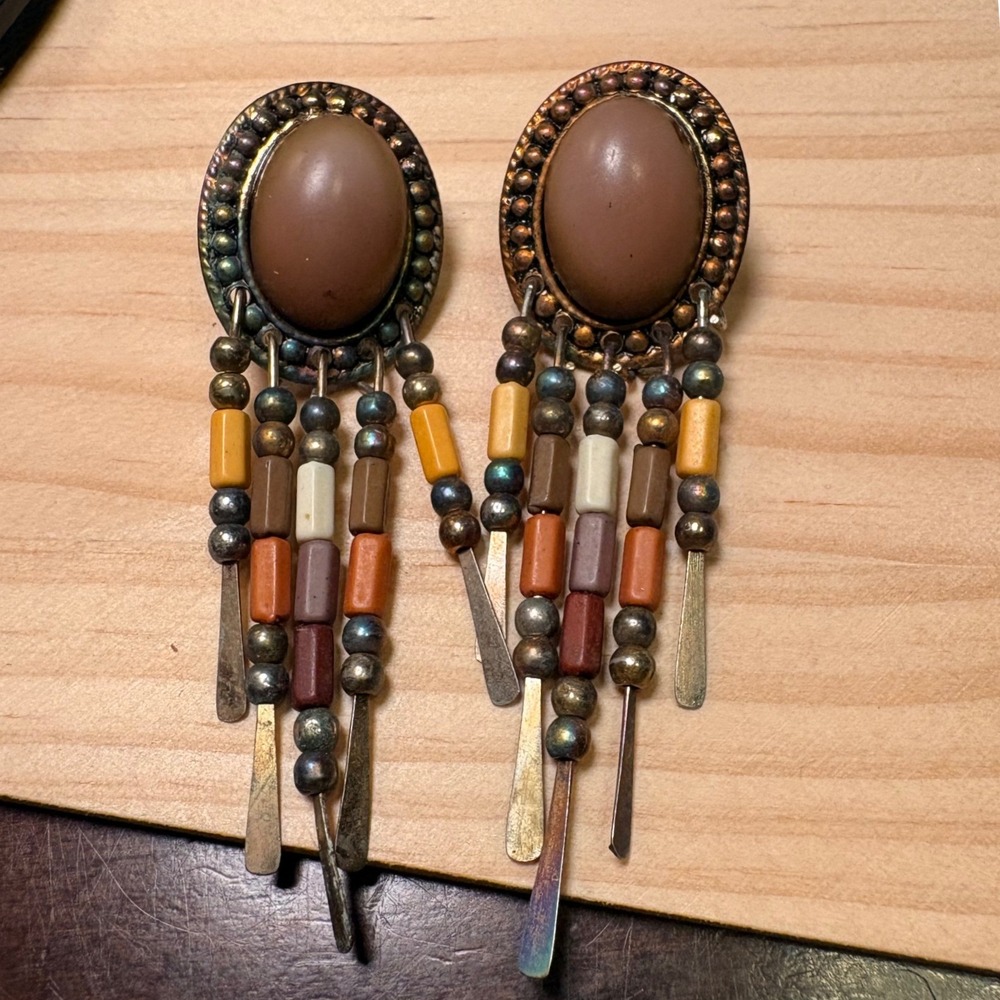 Southwestern Pierced Earrings Women Brown Vintage Beaded Fringe Boho Cabochon